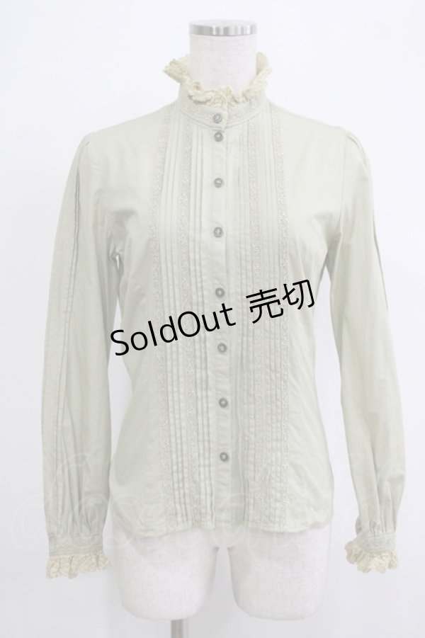 画像1: Victorian maiden / レースリボン付スタンドカラーブラウス Free グリーン H-25-11-19-032-CL-BL-NS-ZH (1)