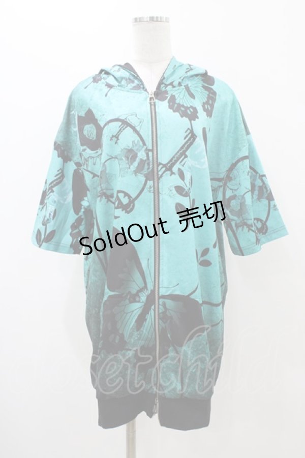 画像1: NieR Clothing / 総柄ZIP半袖パーカー  グリーン H-25-11-19-1039-PU-TO-KB-ZH (1)