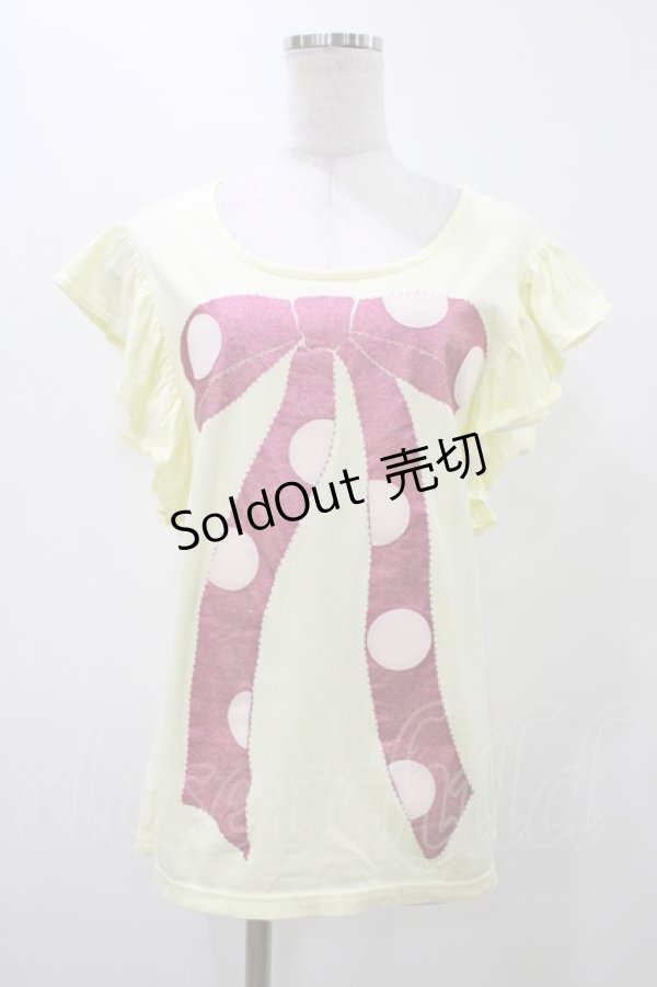 画像1: 【SALE】Emily Temple cute / ドットリボンプリントフリルノースリーブカットソー  イエロー H-25-11-19-1030-ET-TO-KB-ZT379 (1)