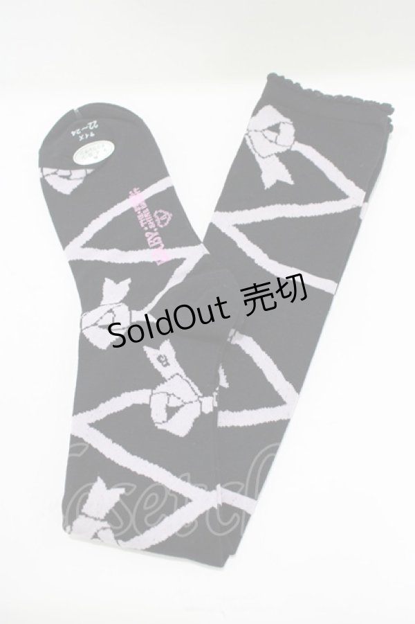 画像1: BABY,THE STARS SHINE BRIGHT / レースアップリボン柄オーバーニーソックス  ブラック/ピンク H-25-11-19-068-BA-ZA-NS-ZH (1)