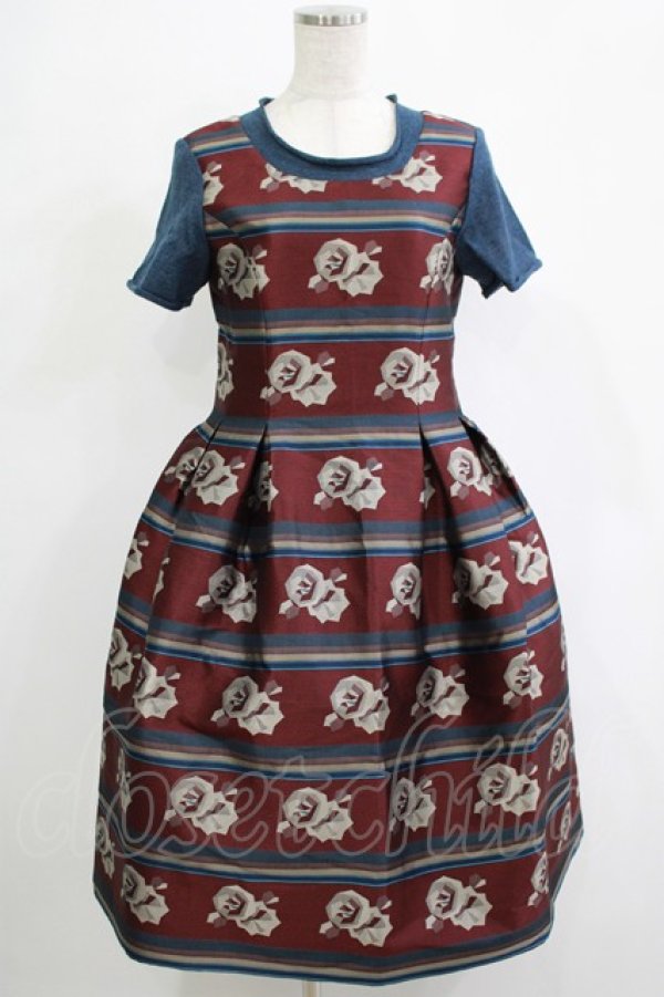 画像1: Jane Marple / ローズボーダージャガードワンピース  ボルドー×ネイビー H-25-11-20-009-JM-OP-KB-ZH (1)