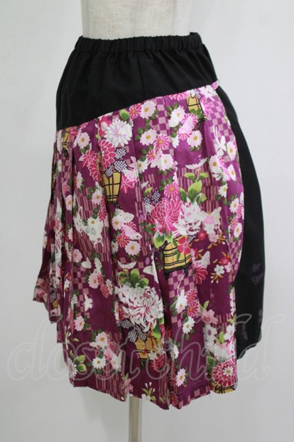 画像2: gouk / 和柄プリーツ切替スカート  黒×紫 H-25-11-20-022-GO-SK-KB-ZH (2)