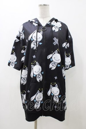 画像: NieR Clothing / 総柄ZIP半袖パーカー  ブラック H-25-11-23-048-PU-TO-KB-ZH