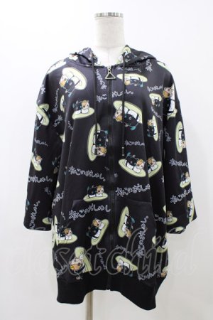 画像: NieR Clothing / 総柄ZIP半袖パーカー  ブラック H-25-11-23-049-PU-TO-KB-ZT1126H