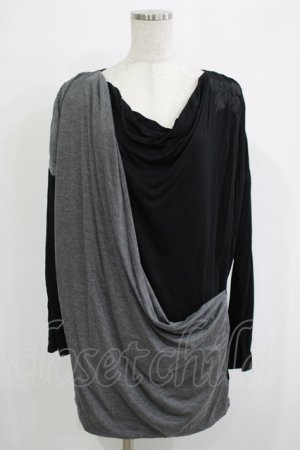 画像: ALGONQUINS / ドレープレイヤード風カットソー  黒×グレー H-25-11-25-038-AL-TO-KB-ZH