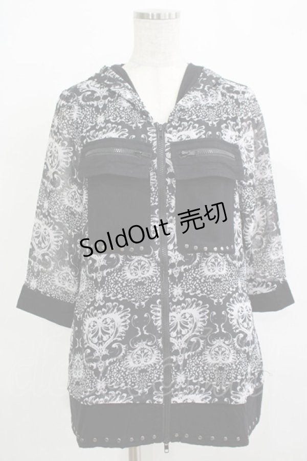 画像1: 【SALE】SEX POT ReVeNGe / 総柄シフォン半袖パーカー  ブラック H-25-11-25-047-SP-TO-KB-ZT470 (1)