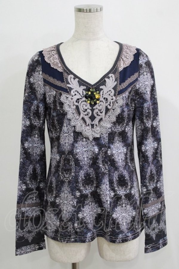 画像1: Rozen Kavalier / ビジュー付総柄カットソー  ブルーグレー H-25-11-25-054-OO-TO-KB-ZH (1)