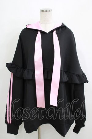 画像: ililil / 垂れ耳うさぎフリルプルオーバージャージパーカー FREE 黒×ピンク H-25-11-26-031-PU-TO-KB-ZH