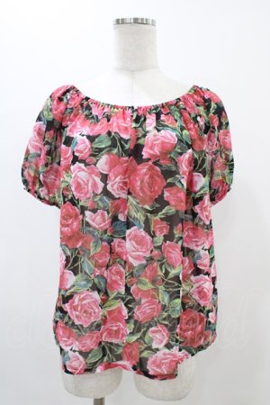 画像: JESUS DIAMANTE / バレンシアパフブラウス Free バロックレッドローズ柄黒 H-25-11-26-1046-JE-BL-NS-ZH