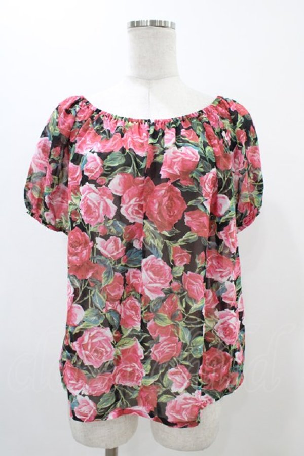 画像1: JESUS DIAMANTE / バレンシアパフブラウス Free バロックレッドローズ柄黒 H-25-11-26-1046-JE-BL-NS-ZH (1)