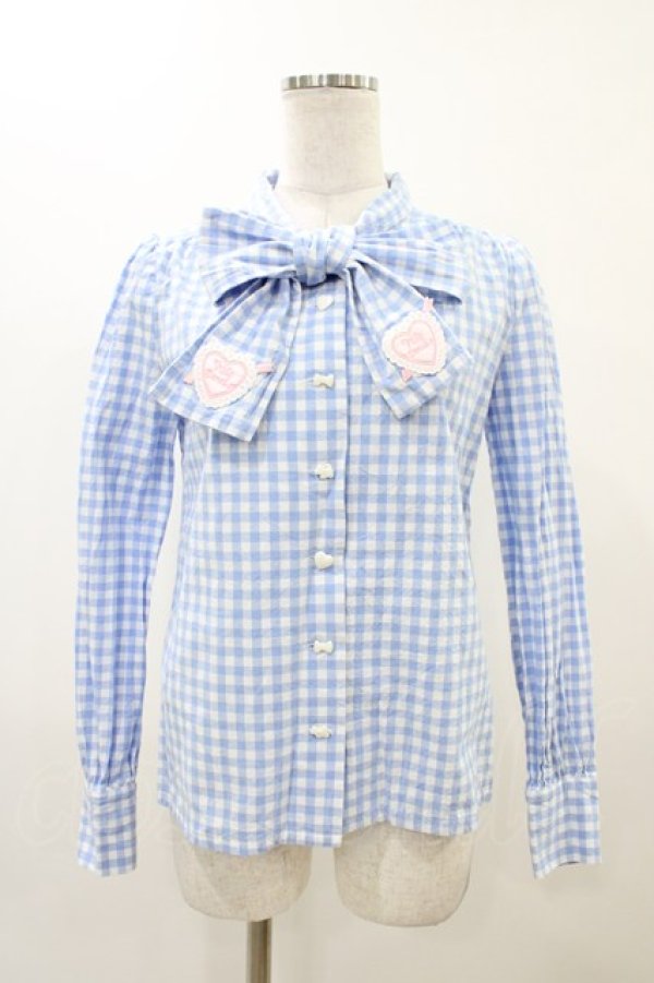 画像1: Nile Perch / ギンガムチェックリボンブラウス Free サックス H-25-11-26-1052-LO-BL-NS-ZH (1)