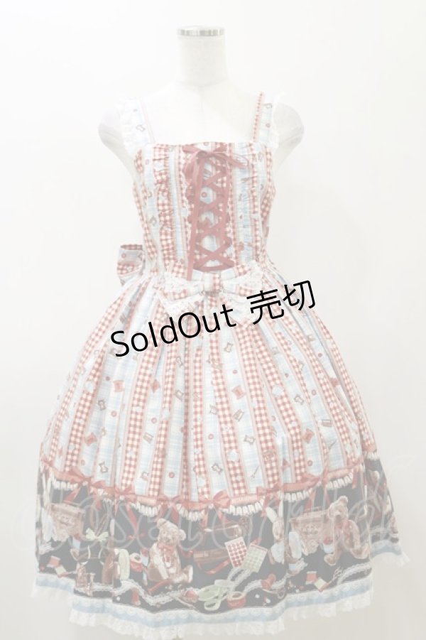 画像1: metamorphose / Happy Sewing Timeジャンパースカート+ヘッドドレスセット サイズ1 サックス/赤 H-25-12-02-043-ME-OP-NS-ZH (1)