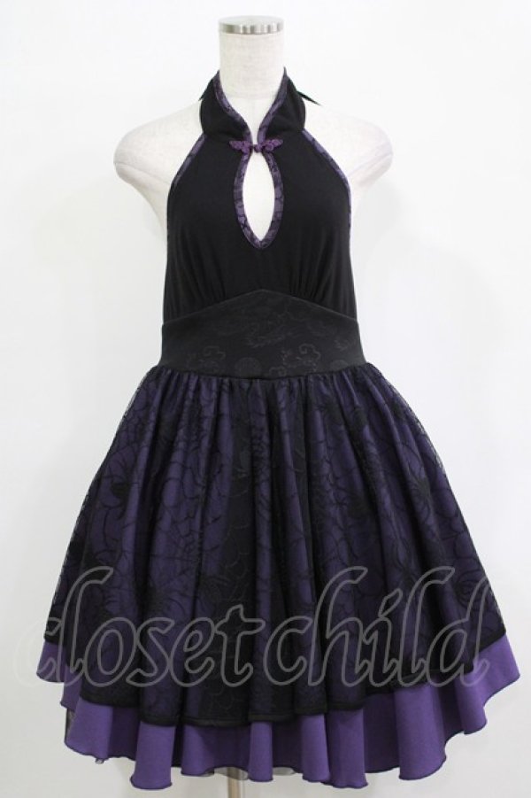 画像1: Qutie Frash / チャイナホルターワンピース  黒×紫 H-25-12-03-027-QU-OP-KB-ZH (1)