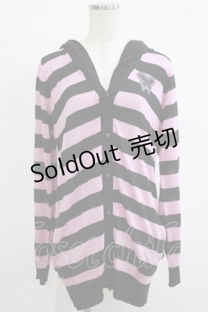 画像: ALGONQUINS / フード付きボーダーニットカーディガン F 黒×ピンク H-25-12-03-071-AL-TO-KB-ZH