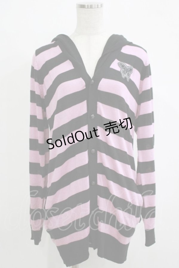 画像1: ALGONQUINS / フード付きボーダーニットカーディガン F 黒×ピンク H-25-12-03-071-AL-TO-KB-ZH (1)