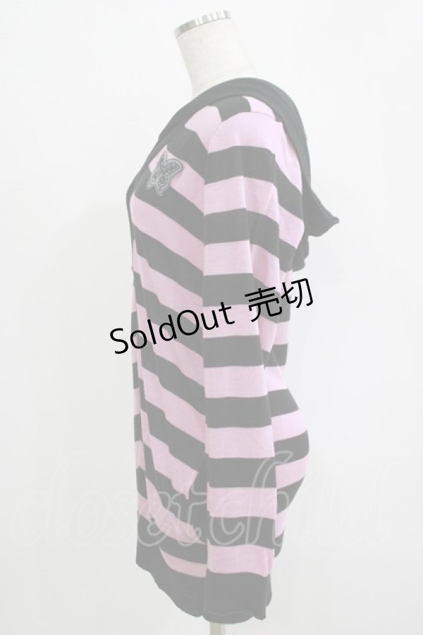 画像2: ALGONQUINS / フード付きボーダーニットカーディガン F 黒×ピンク H-25-12-03-071-AL-TO-KB-ZH (2)