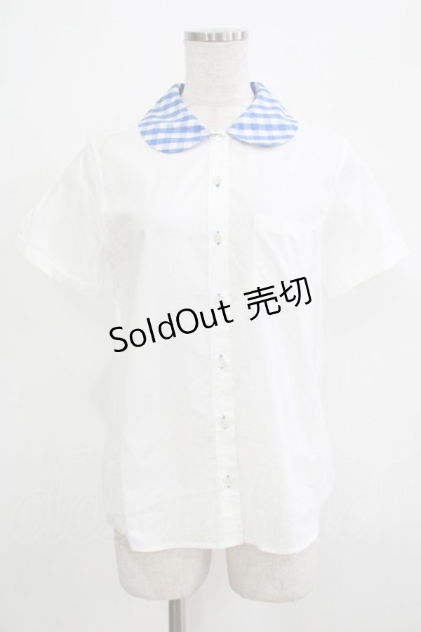画像1: Jane Marple / ギンガムカラー半袖ブラウス M オフ×ブルー H-25-12-06-051-JM-BL-KB-ZH (1)