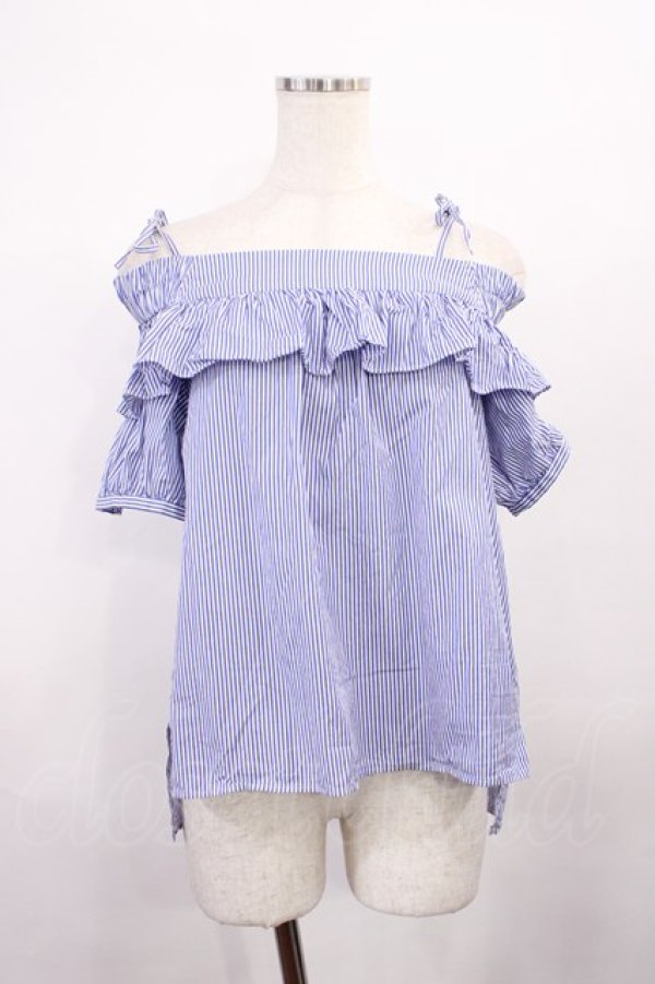画像1: franche lippee black / ストライプフリルブラウス M ブルー H-25-12-06-1027-LO-BL-NS-ZH (1)