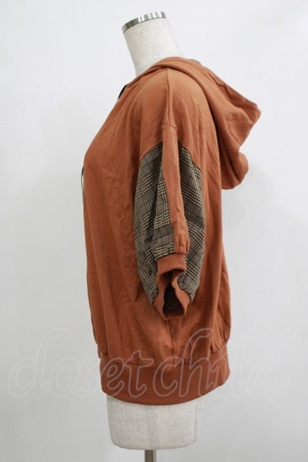 画像2: 【SALE】NieR CLOTHING / チェック切替半袖パーカー  茶 H-25-12-06-059-PU-TO-KB-ZT239 (2)