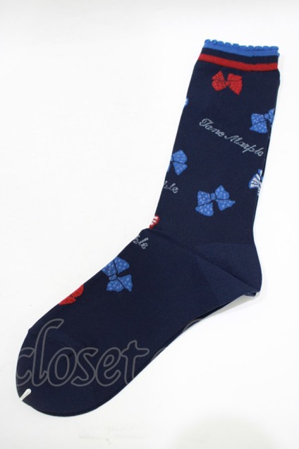 画像1: Jane Marple / Anniversary ribbonsクルーソックス  navy H-25-12-06-080-JM-ZA-KB-ZH (1)