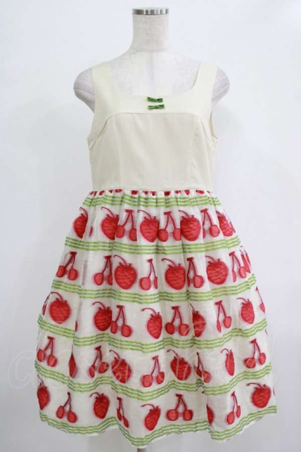 画像1: Emily Temple cute / フルーツジャガードパネル切替ワンピース M グリーン H-25-12-06-011-ET-OP-KB-ZH (1)