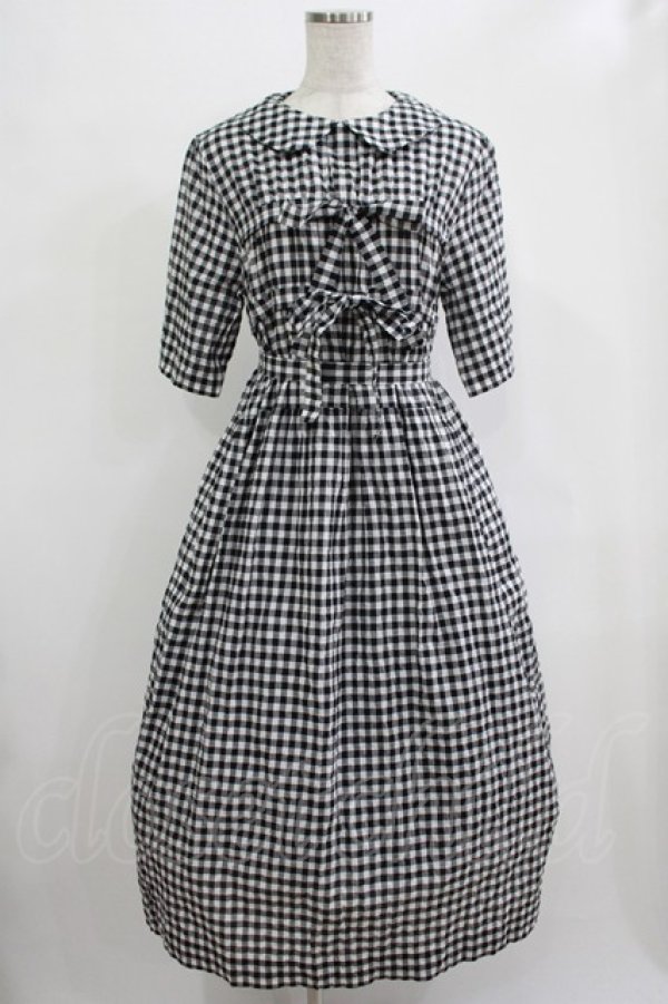 画像1: Jane Marple / シャーリングギンガムリボントリムドレス  ブラック H-25-12-06-017-JM-OP-KB-ZH (1)
