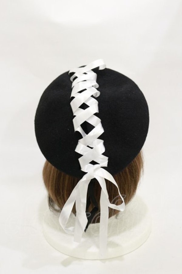 画像2: HELL CAT PUNKS / レースアップベレー帽  黒×白 H-25-12-08-004-PU-AC-KB-ZH (2)
