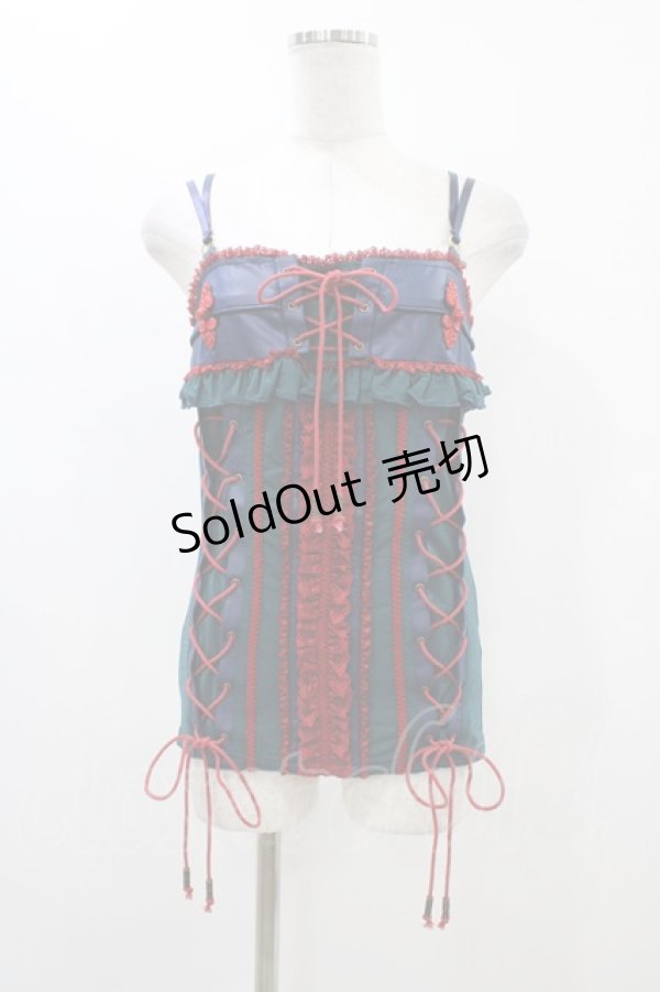 画像1: Ozz oneste / チャイナレースアップキャミソール  グリーン×ネイビー×レッド H-25-12-10-1044-OO-TO-KB-ZH (1)