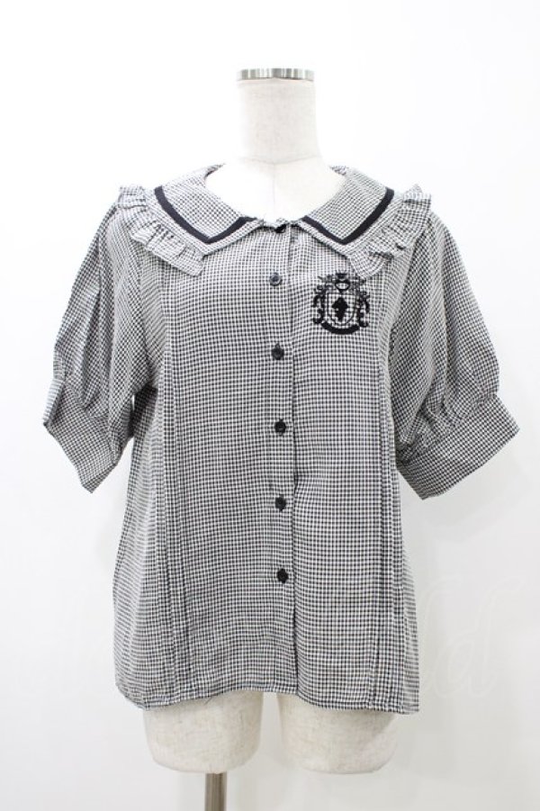 画像1: NieR CLOTHING / エンブレム刺繍ギンガムパフブラウス  ブラック H-25-12-12-041-PU-BL-KB-ZT363 (1)