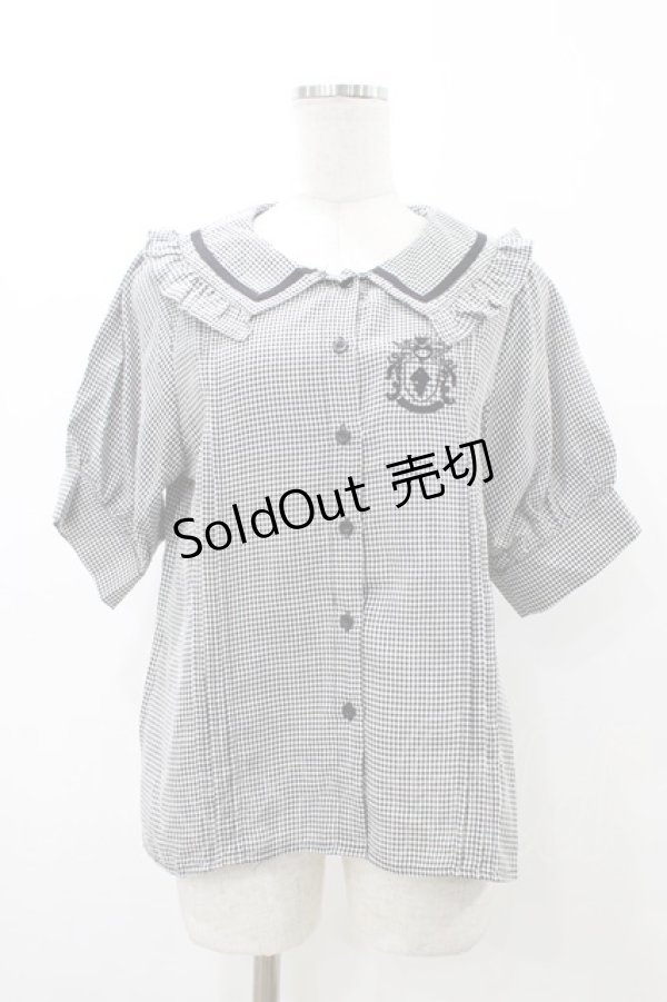 画像1: NieR CLOTHING / エンブレム刺繍ギンガムパフブラウス  ブラック H-25-12-12-041-PU-BL-KB-ZT363 (1)