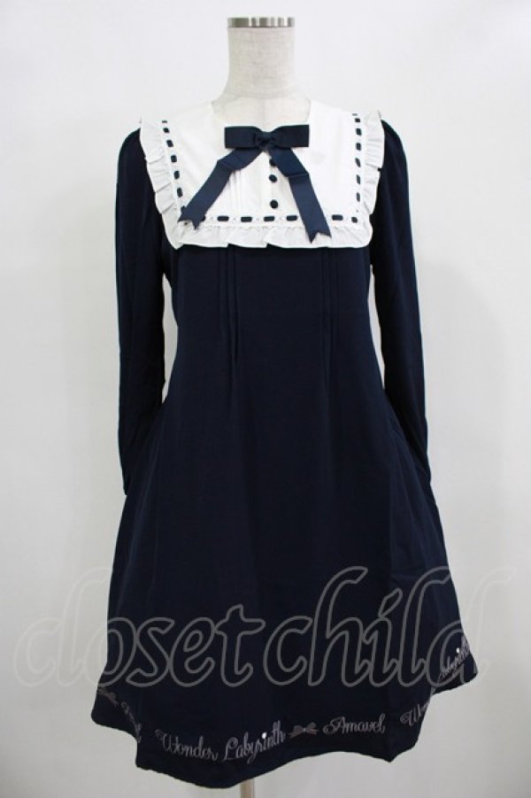 画像1: Amavel / メッセージ刺繍ヨーク切替ワンピース Free ネイビー H-25-12-12-1031-CA-OP-NS-ZH (1)