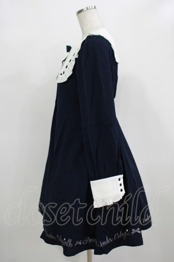 画像2: Amavel / メッセージ刺繍ヨーク切替ワンピース Free ネイビー H-25-12-12-1031-CA-OP-NS-ZH (2)