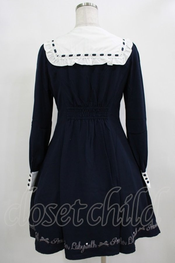 画像3: Amavel / メッセージ刺繍ヨーク切替ワンピース Free ネイビー H-25-12-12-1031-CA-OP-NS-ZH (3)