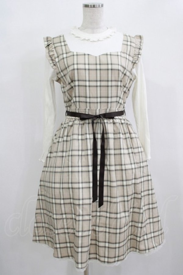 画像1: axes femme POETIQUE / チェック×カットソー切替ワンピース M ベージュ H-25-12-12-1023-AX-OP-NS-ZH (1)