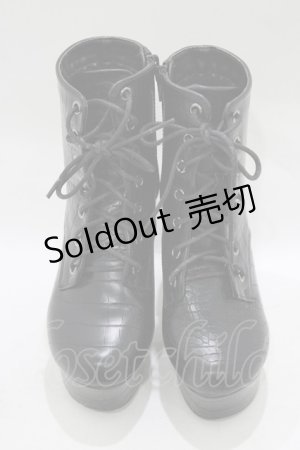画像: Newlyme / レースアップショートブーツ 22.5cm ブラック/クロコ H-25-12-13-1079-GO-SH-NS-ZH