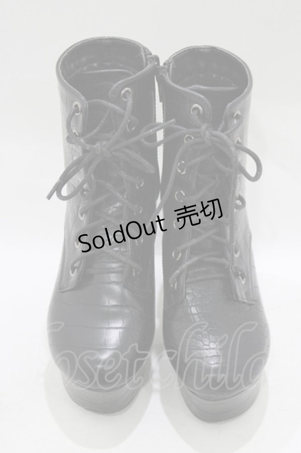 画像1: Newlyme / レースアップショートブーツ 22.5cm ブラック/クロコ H-25-12-13-1079-GO-SH-NS-ZH (1)