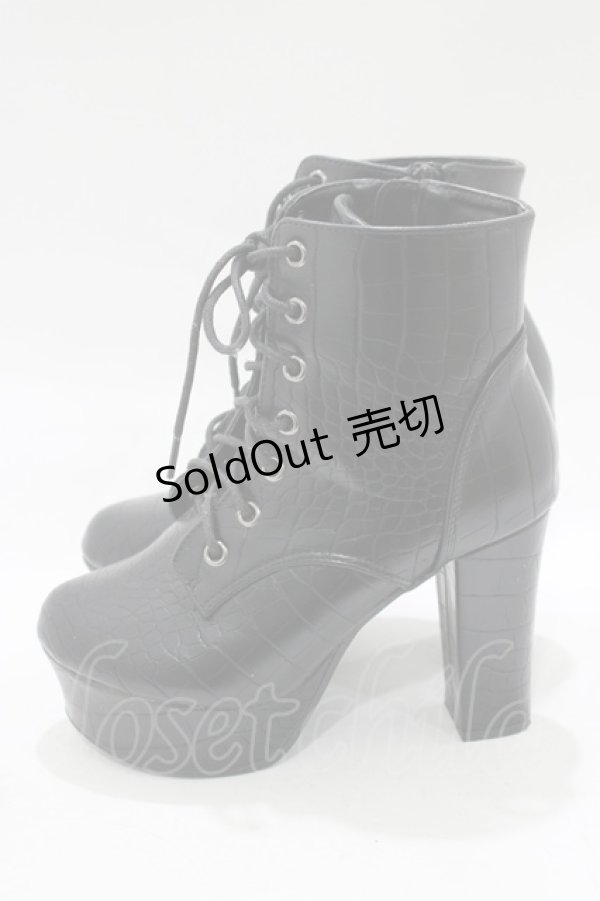 画像2: Newlyme / レースアップショートブーツ 22.5cm ブラック/クロコ H-25-12-13-1079-GO-SH-NS-ZH (2)