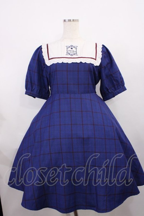 画像1: Amavel / 紅茶缶ラベルスクエアヨークチェックワンピース Free ブルー H-25-12-14-015-CA-OP-NS-ZH (1)