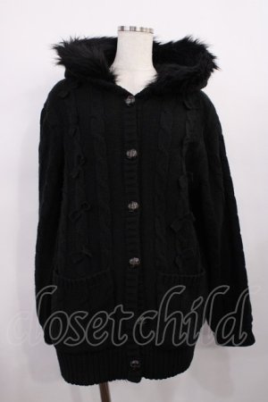 画像: Amavel / リボンケーブル編みフードニットアウター Free ブラック H-25-12-14-030-CA-CO-NS-ZH