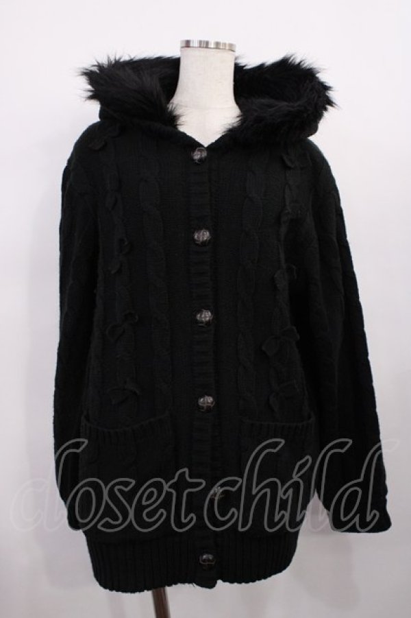 画像1: Amavel / リボンケーブル編みフードニットアウター Free ブラック H-25-12-14-030-CA-CO-NS-ZH (1)