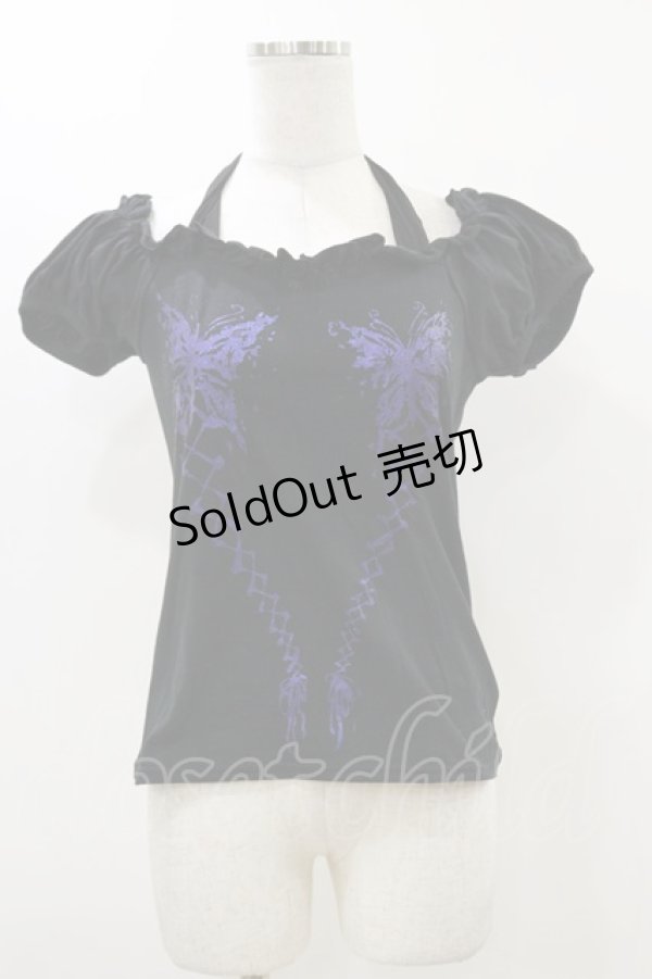 画像1: BPN / ホルターリボンパフカットソー  黒×紫 H-25-12-17-052-GO-TO-KB-ZH (1)