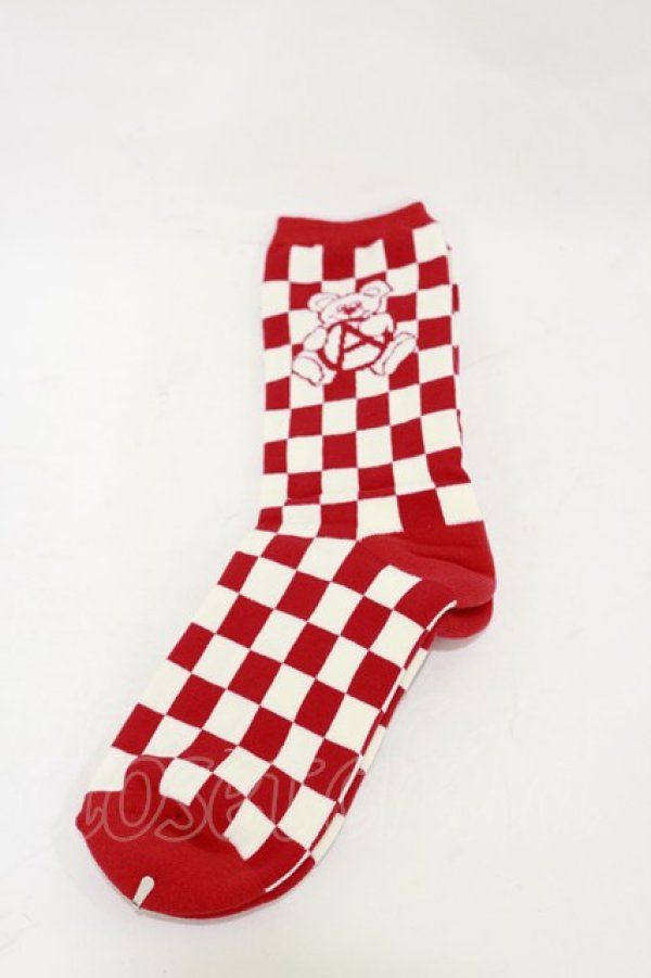 画像1: Candy Stripper / ANARCHY BEAR CHECKER SOCKS  レッド H-25-12-17-010-PU-ZA-KB-ZH (1)