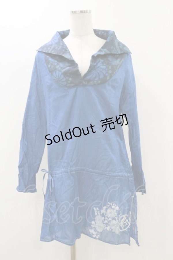 画像1: gouk / 和柄切替シャツチュニック  青 H-25-12-17-062-GO-TO-KB-ZT358 (1)