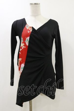 画像: gouk / 和柄切替アシメタックカットソー  ブラック H-25-12-17-064-GO-TO-KB-ZH