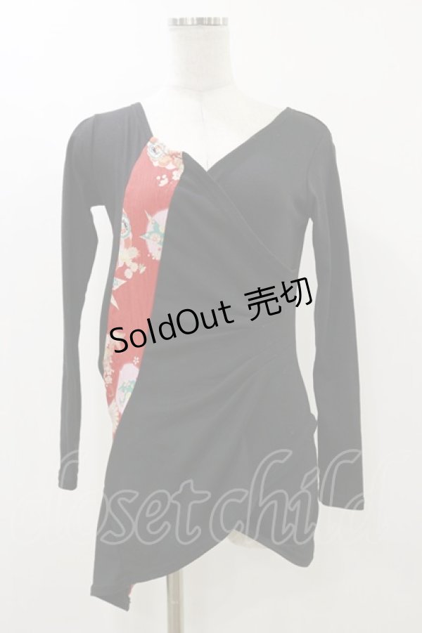 画像1: gouk / 和柄切替アシメタックカットソー  ブラック H-25-12-17-064-GO-TO-KB-ZH (1)