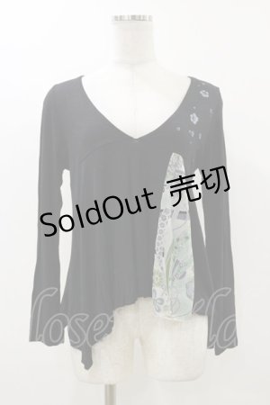 画像: gouk / 和柄切替Vネックカットソー  ブラック H-25-12-17-065-GO-TO-KB-ZH