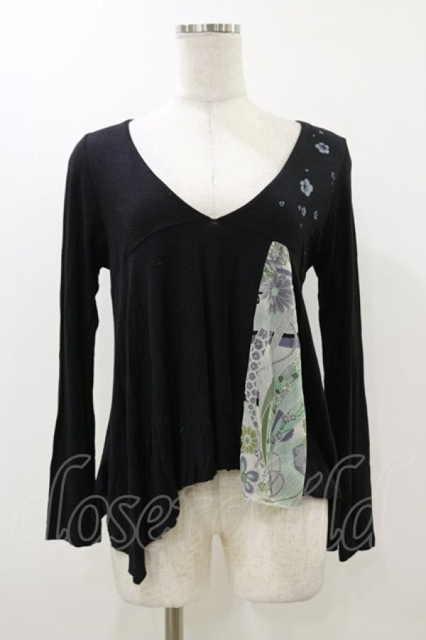 画像1: gouk / 和柄切替Vネックカットソー  ブラック H-25-12-17-065-GO-TO-KB-ZH (1)