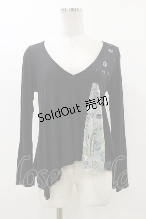 画像1: gouk / 和柄切替Vネックカットソー  ブラック H-25-12-17-065-GO-TO-KB-ZH (1)