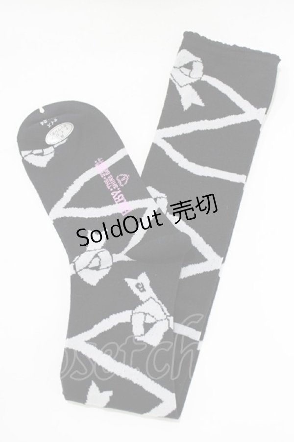 画像1: BABY,THE STARS SHINE BRIGHT / レースアップリボン柄オーバーニーソックス  ブラック H-25-12-23-1069-BA-ZA-NS-ZH (1)