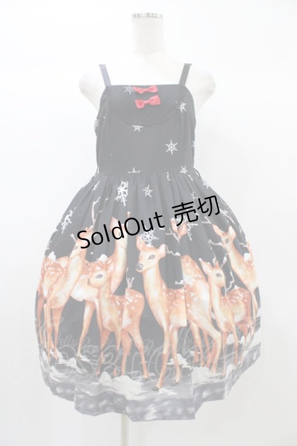 画像1: Pretty Rock Baby（海外ロリータブランド） / snow & deer printジャンパースカート 2 ブラック H-25-12-25-040-LO-OP-NS-ZH (1)